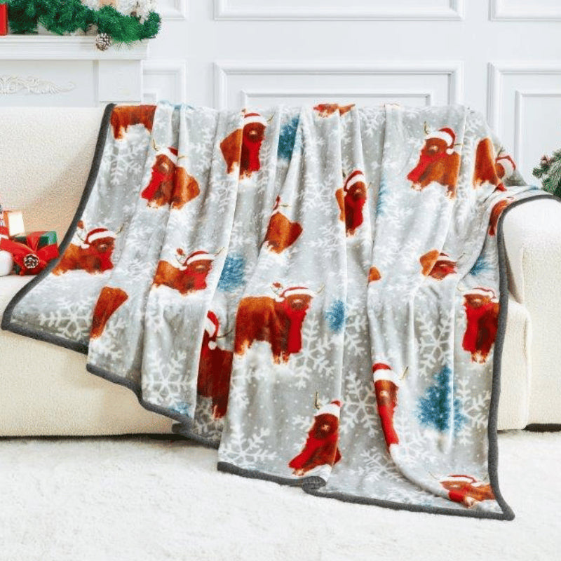 Christmas Flannel Luxury Sherpa Throw - Winter Highland Cow