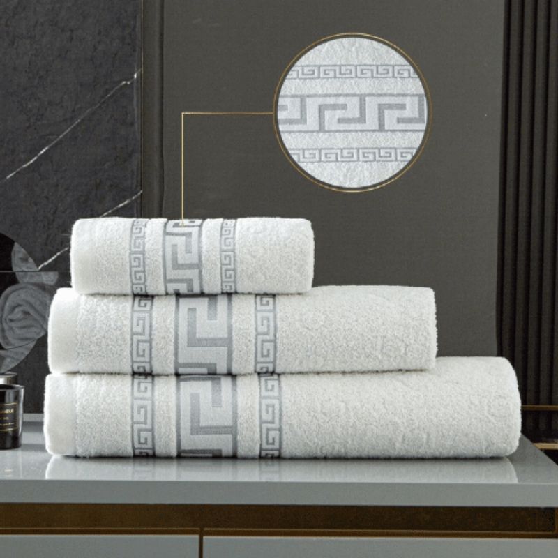 3 Pack 100% Egyptian Cotton Greek Border Design Bath Sheets - White