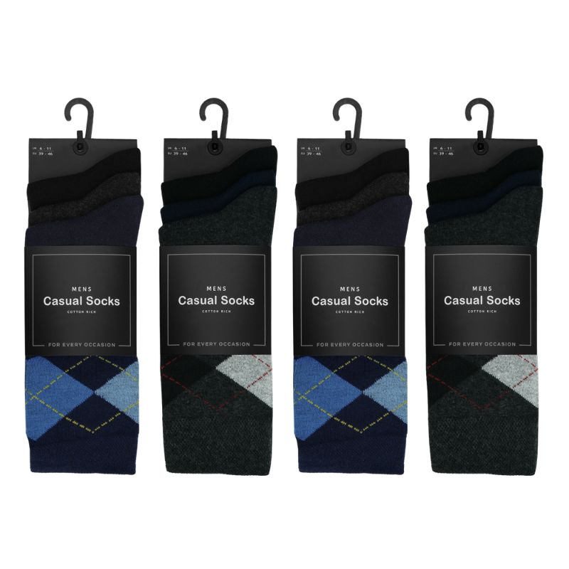 12 Men's Cotton Rich Casual Socks - Dark Argyles