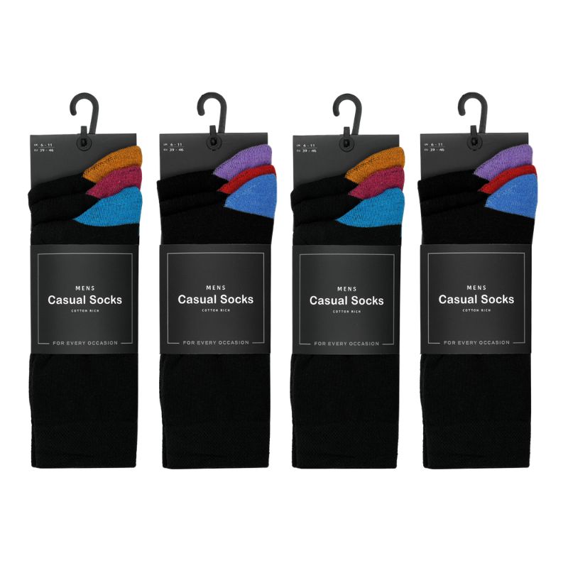12 Men's Cotton Rich Casual Socks - Coloured Heel & Toe
