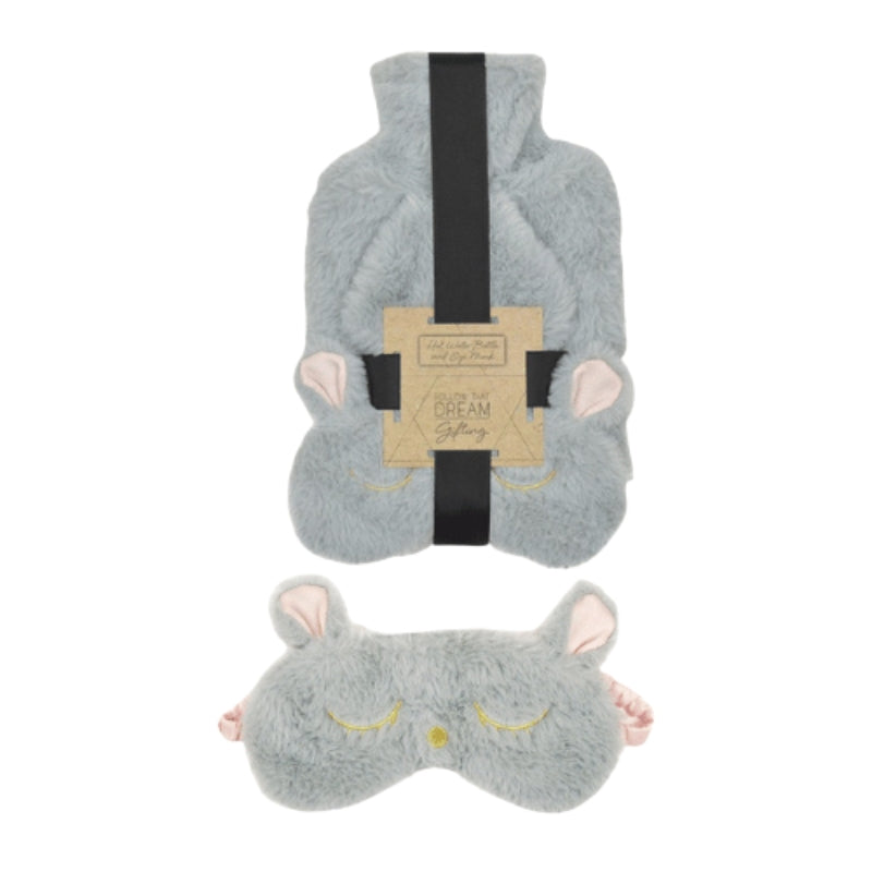 Grey Faux Rabbit Fur 1.5 Litre Hot Water Bottle With Eye Mask