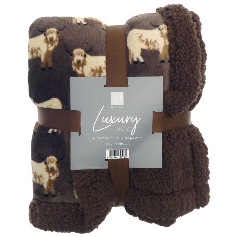 Highland Cow Luxury Design Flannel Throws with Sherpa Reverse - Mocha