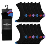 12 Men's Cotton Rich Casual Socks - Coloured Heel & Toe