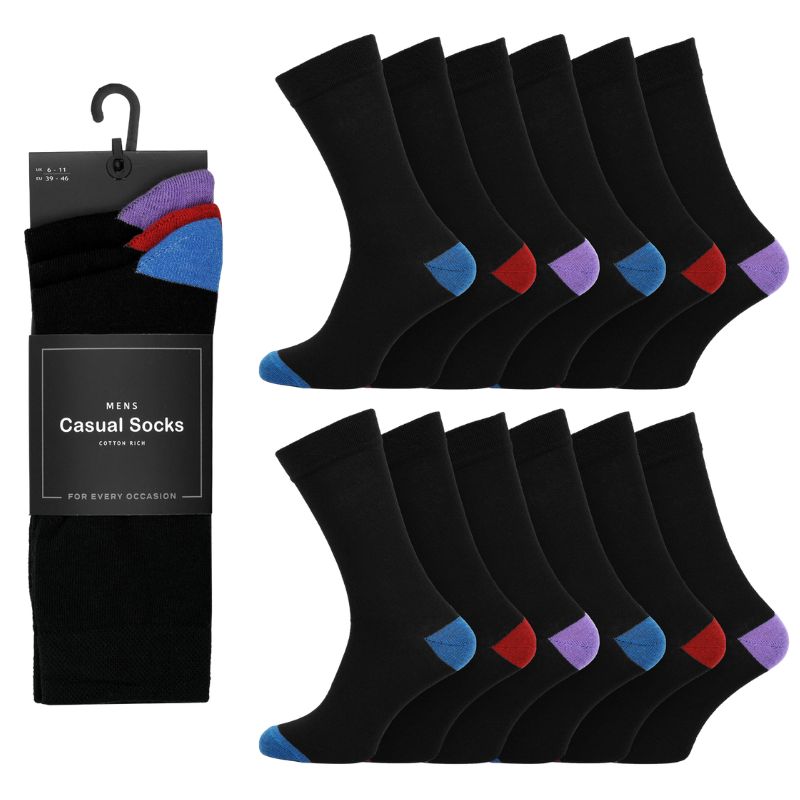 12 Men's Cotton Rich Casual Socks - Coloured Heel & Toe