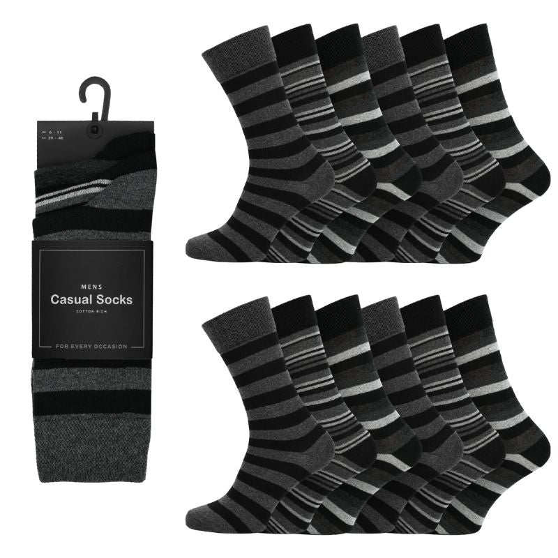 12 Men's Cotton Rich Casual Socks - Grey Stripe