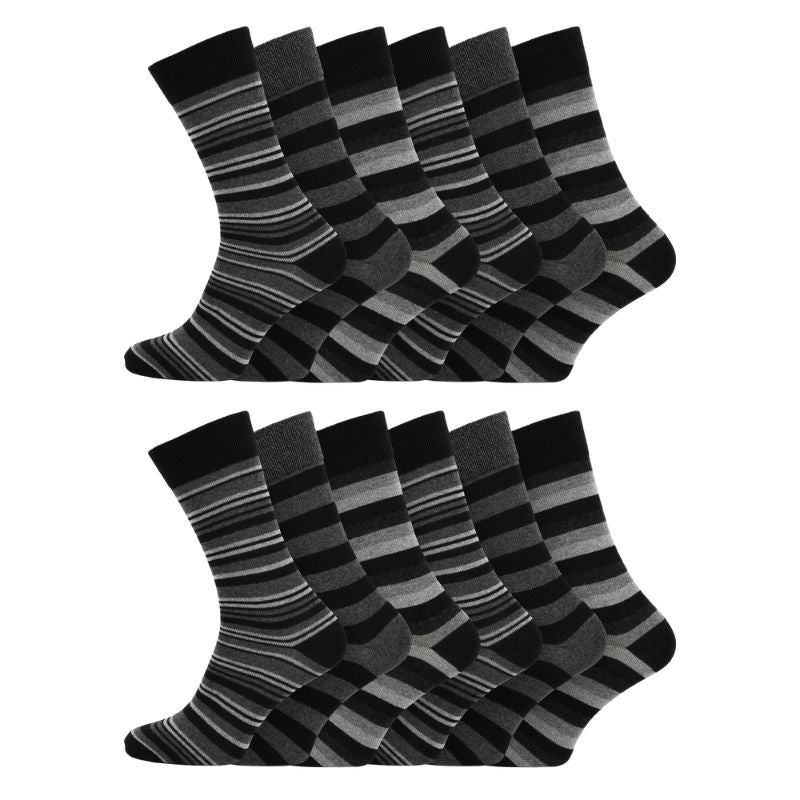 12 Men's Cotton Rich Casual Socks - Grey Stripe