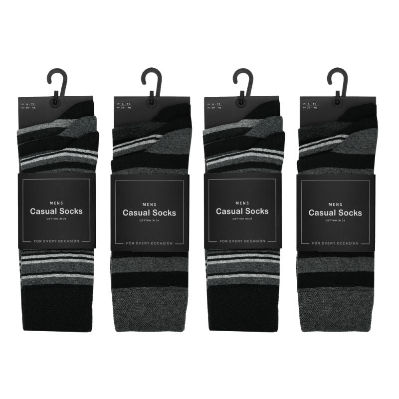 12 Men's Cotton Rich Casual Socks - Grey Stripe