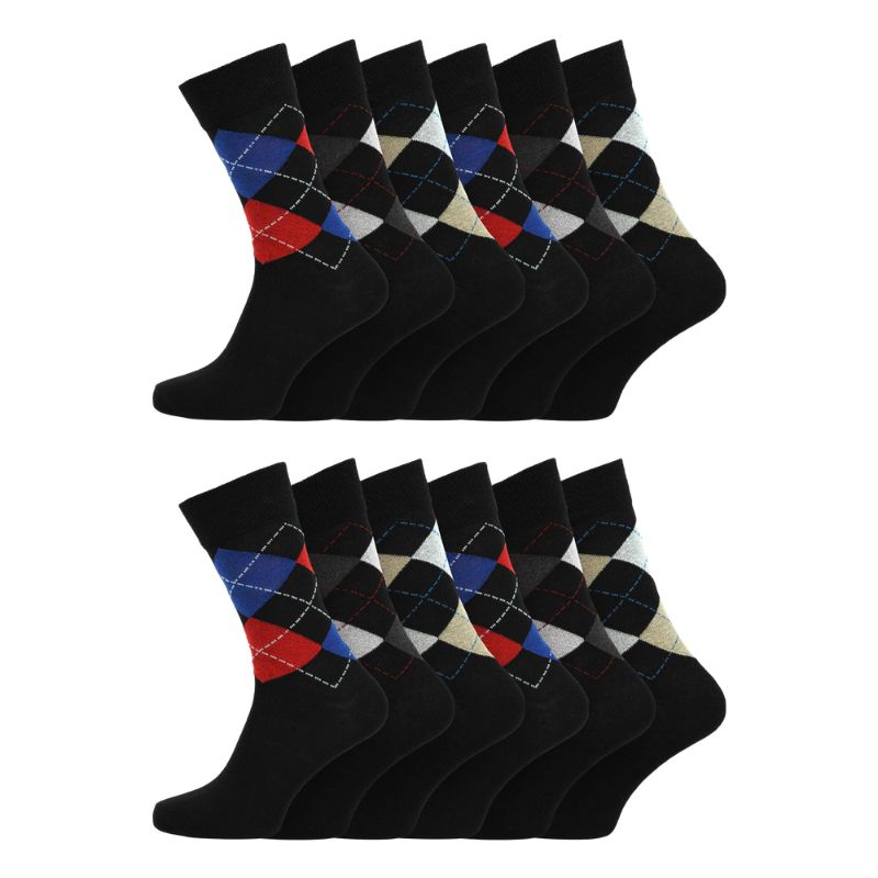 12 Men's Cotton Rich Casual Socks - Multi Argyle