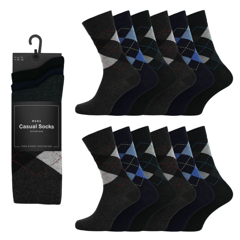 12 Men's Cotton Rich Casual Socks - Dark Argyles