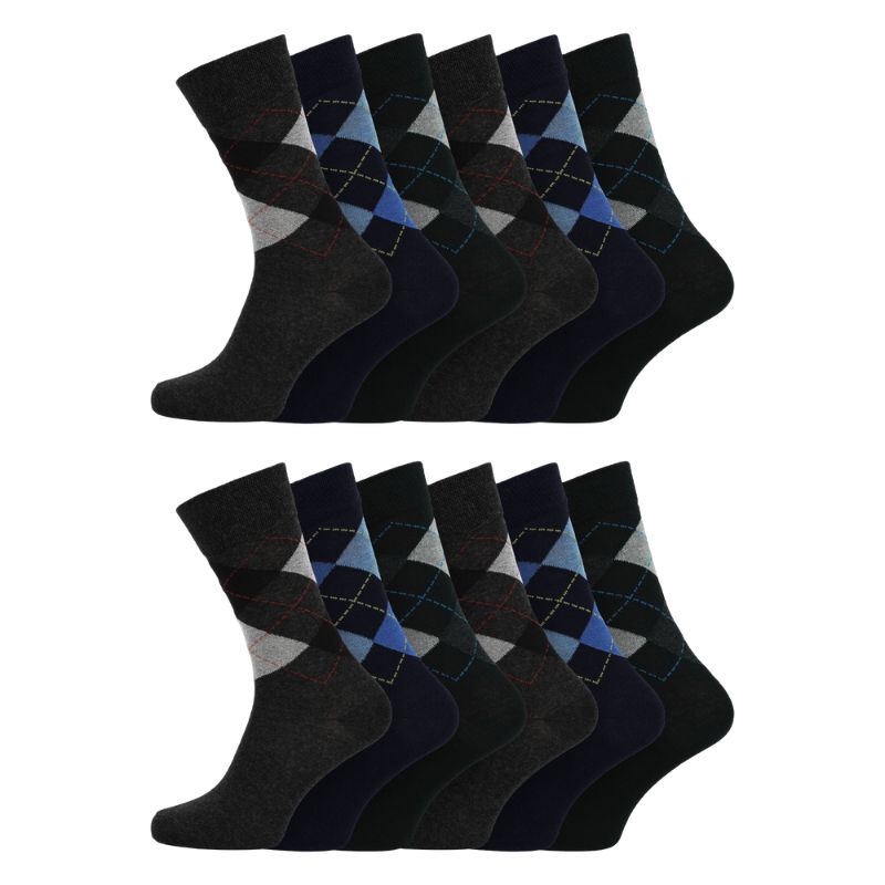 12 Men's Cotton Rich Casual Socks - Dark Argyles