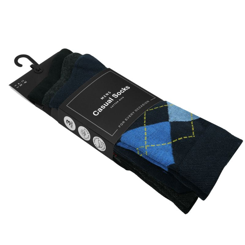12 Men's Cotton Rich Casual Socks - Dark Argyles