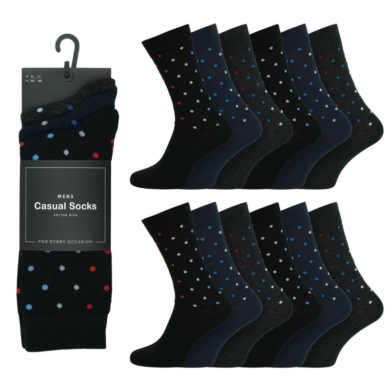 12 Mens Cotton Rich Casual Socks - Dark Assorted Spots
