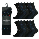 12 Mens Cotton Rich Casual Socks - Dark Assorted Spots