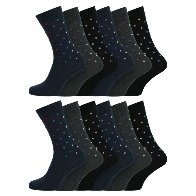12 Mens Cotton Rich Casual Socks - Dark Assorted Spots