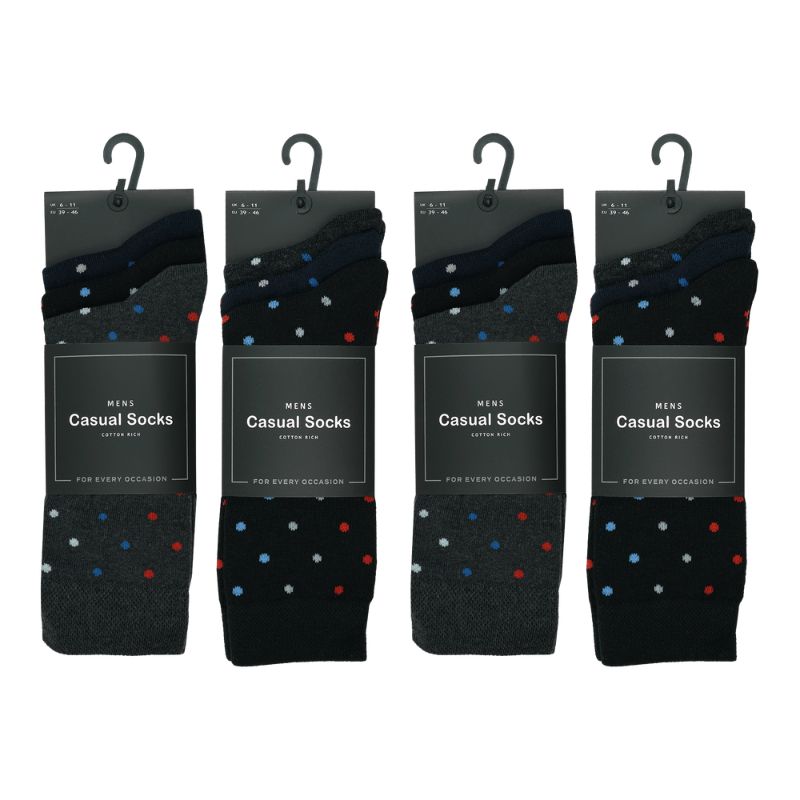 12 Mens Cotton Rich Casual Socks - Dark Assorted Spots