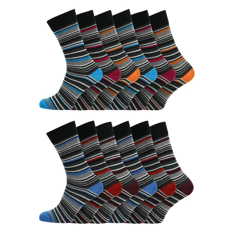 12 Men's Cotton Rich Casual Socks - Multi Stripe