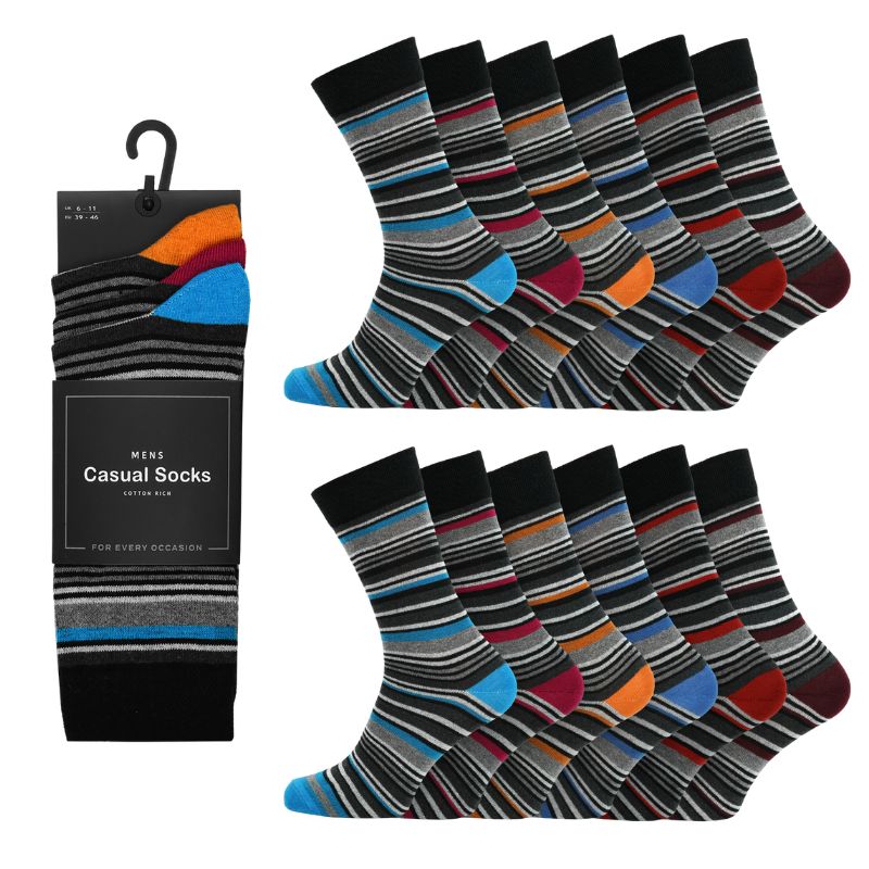 12 Men's Cotton Rich Casual Socks - Multi Stripe
