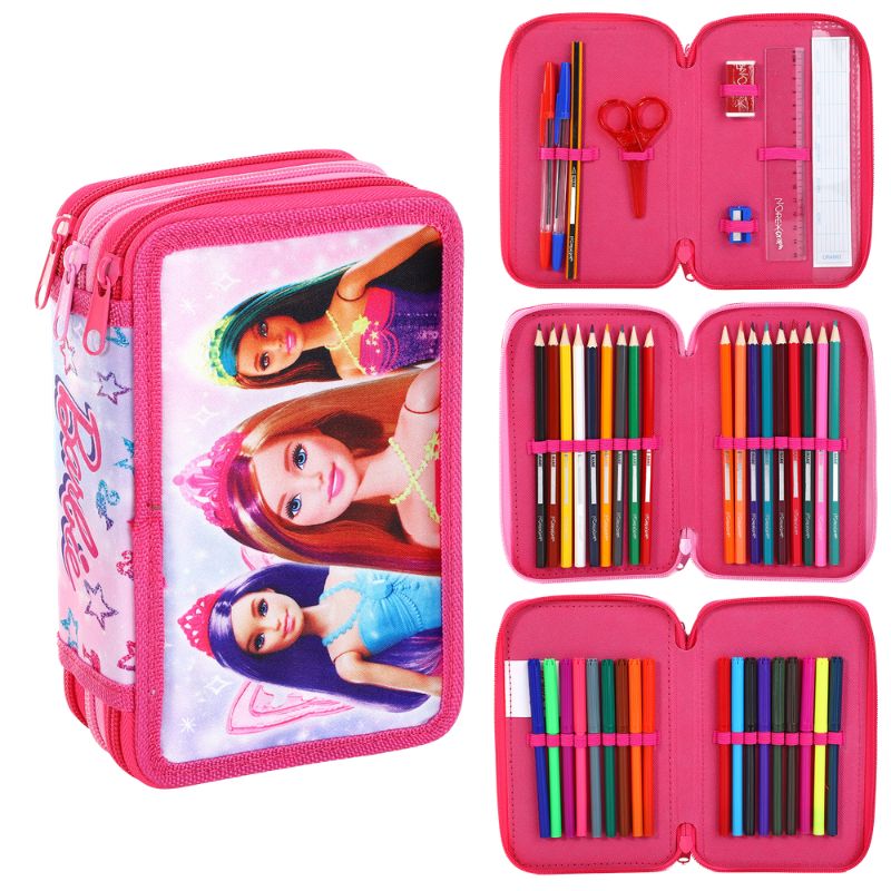 Official Barbie Filled 3 Zipped Pencil Case