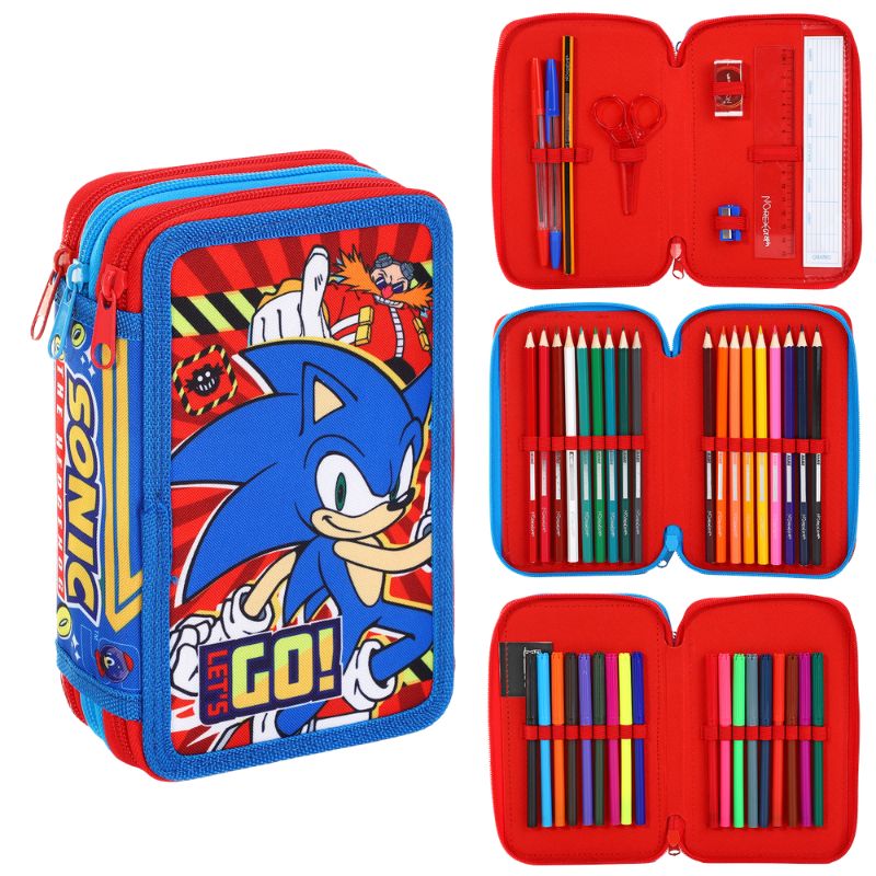 Official Sonic 'Let's Go' Filled 3 Zip Pencil Case