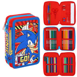 Official Sonic 'Let's Go' Filled 3 Zip Pencil Case