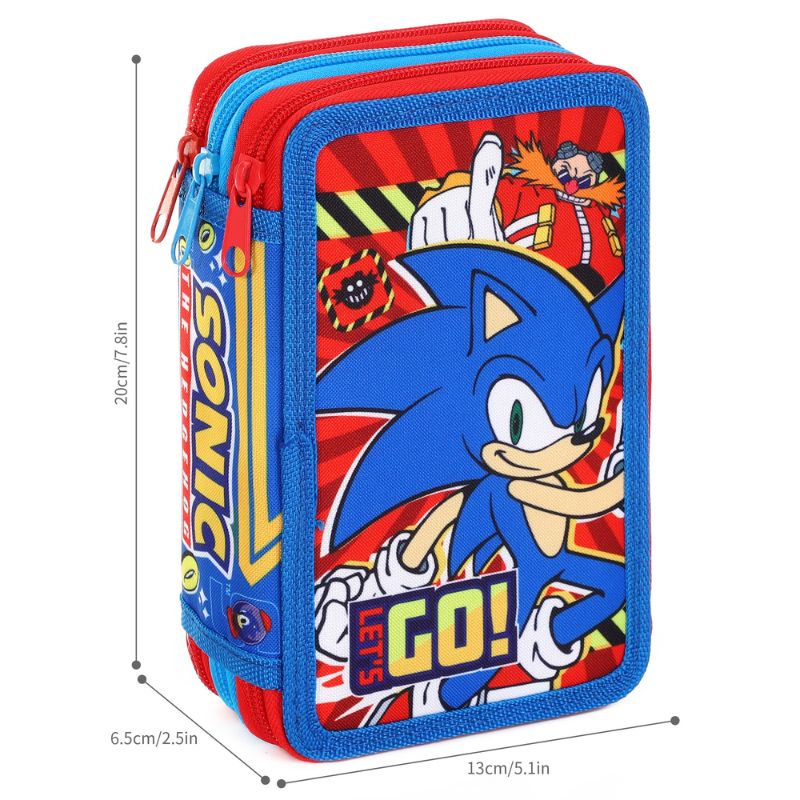 Official Sonic 'Let's Go' Filled 3 Zip Pencil Case
